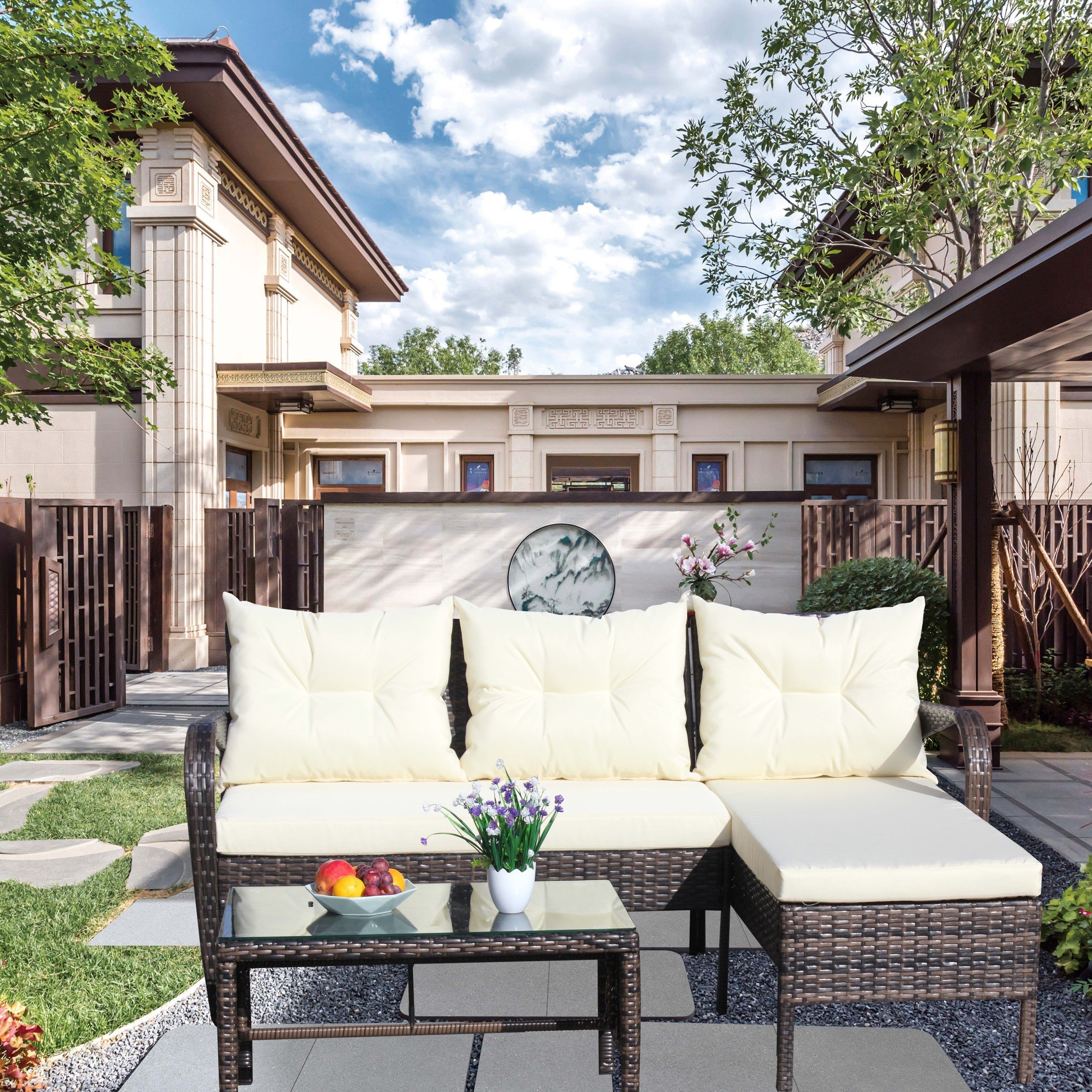 Outdoor Patio Furniture 3-Piece Conversation Set (Beige Cushion)