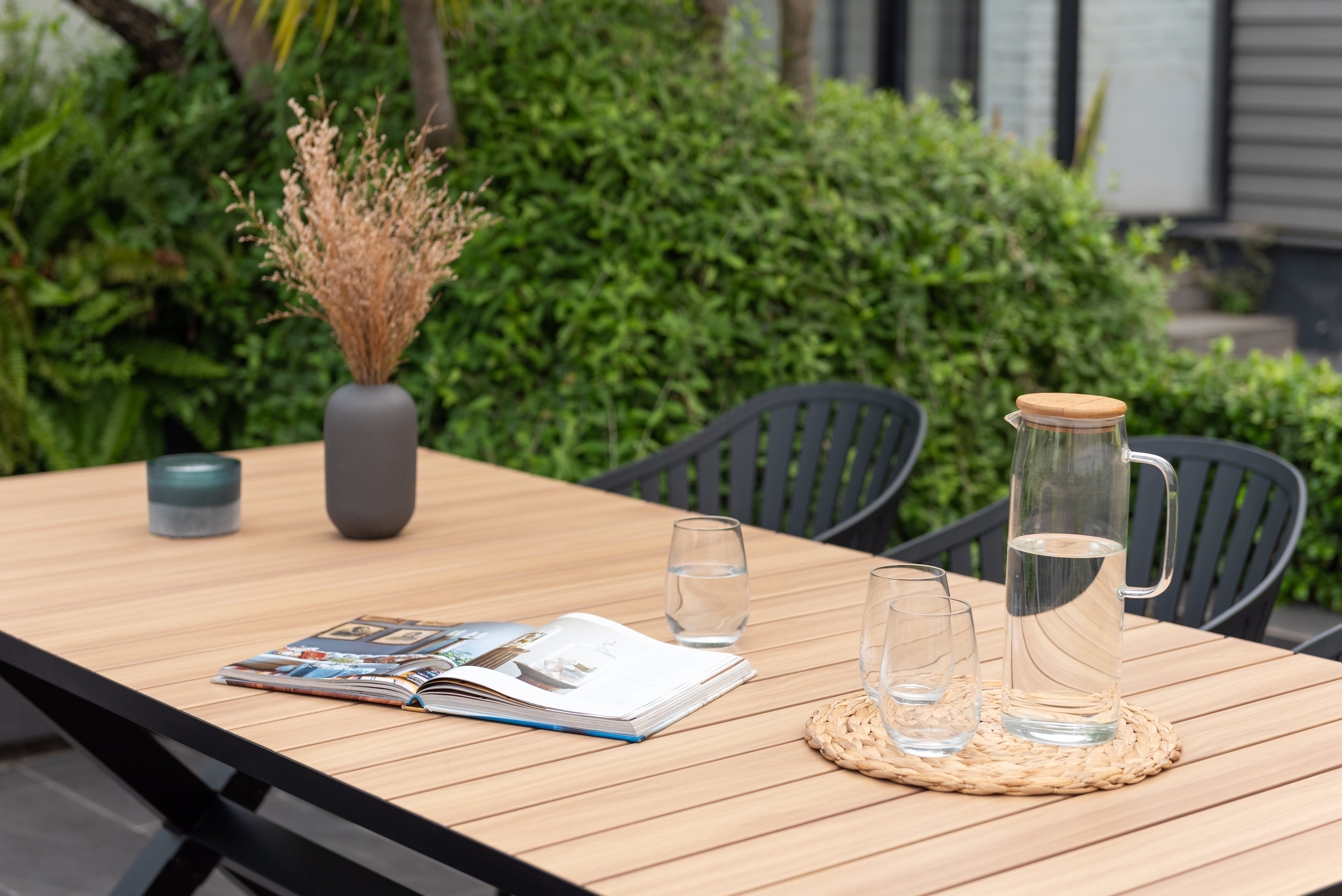 Panama Dark Rectangular Table and 8 Nassau Black Aluminum