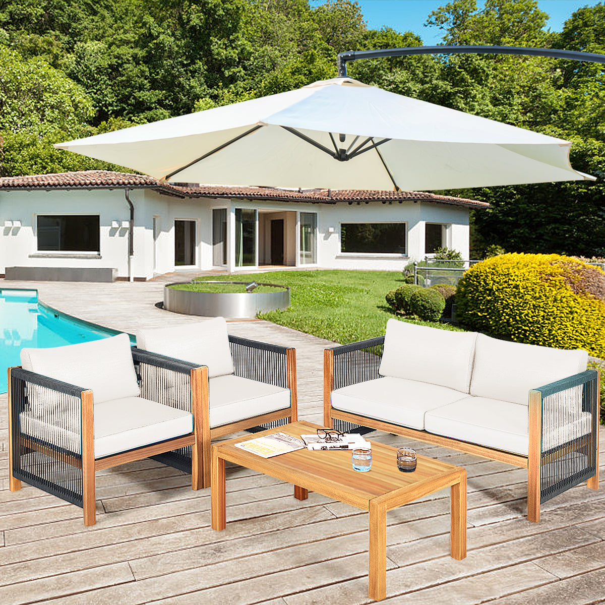 4 Pieces Wood Outdoor Patio Furniture Set with Cushions for Garden